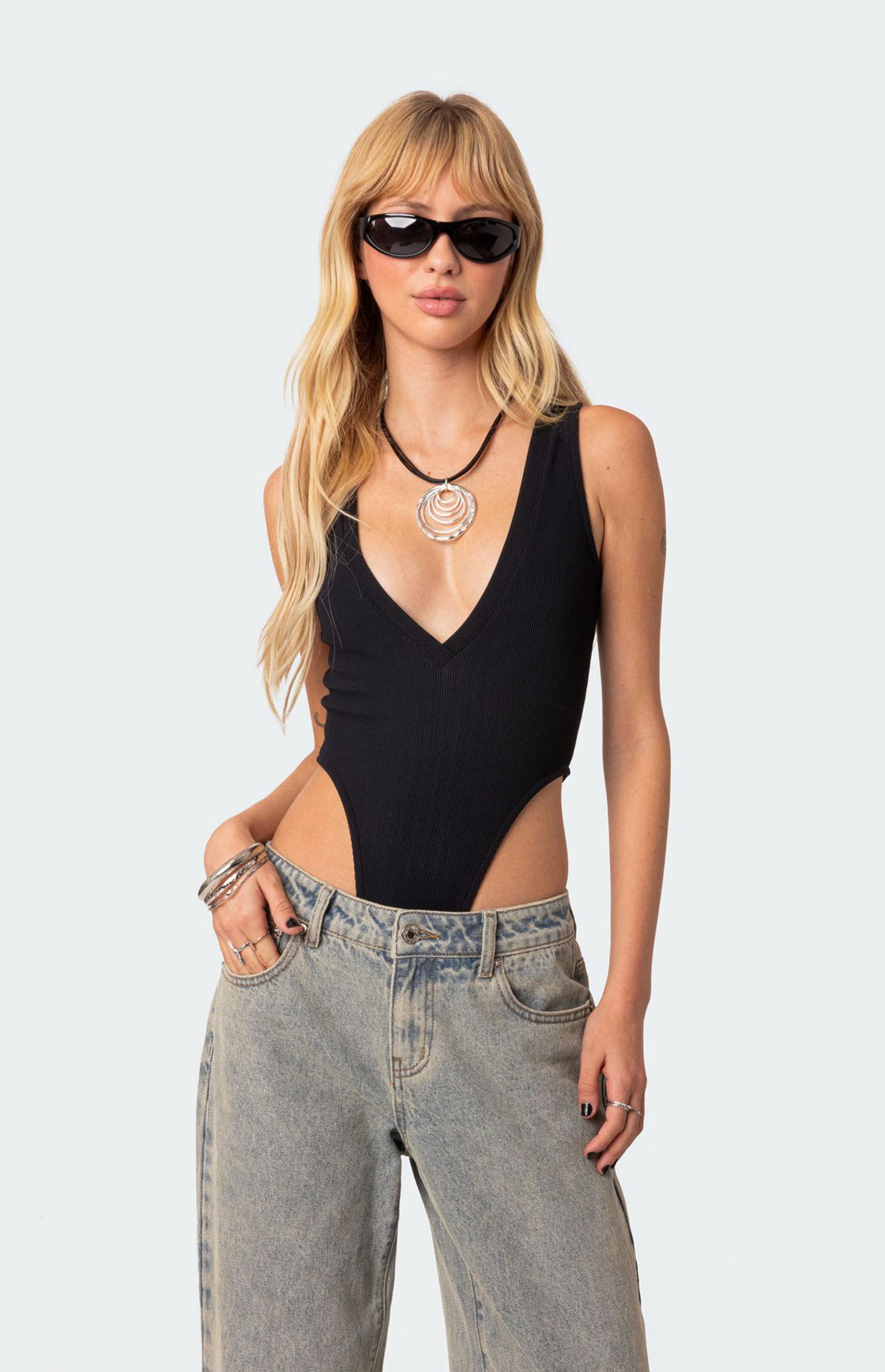 Edikted Women's High Cut Ribbed V Neck Bodysuit Product Image