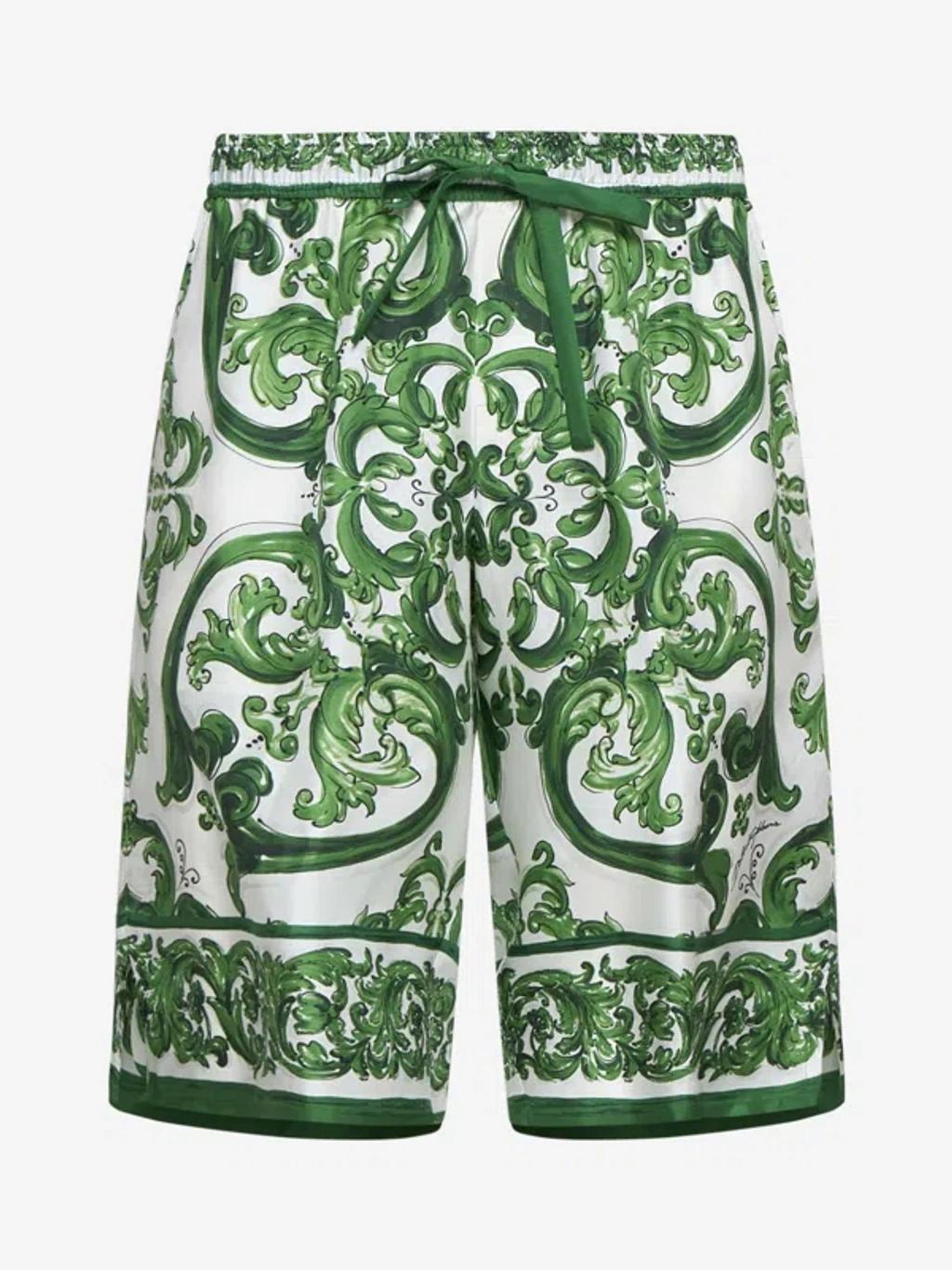 Majolica Print Silk Shorts In White,green Product Image