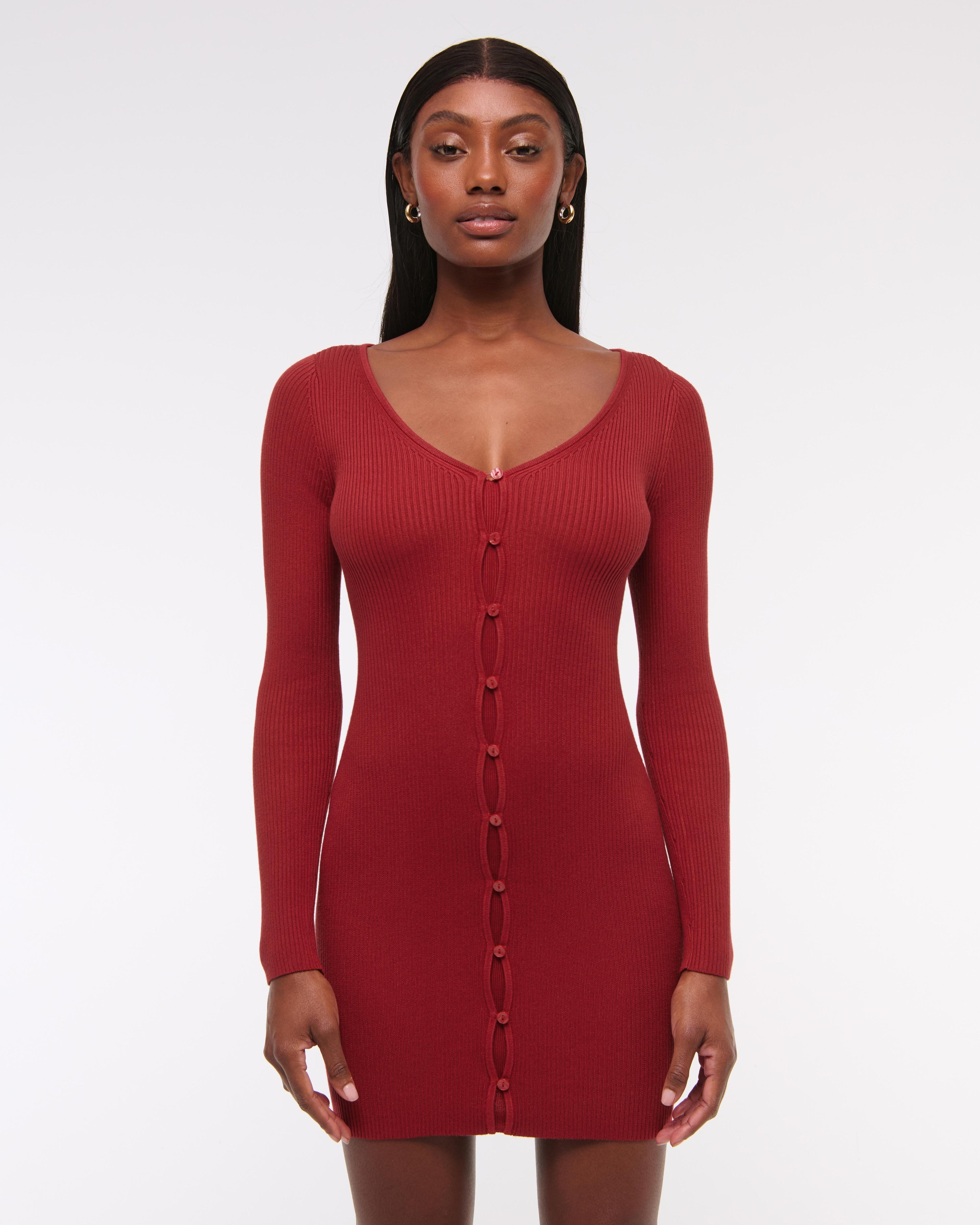 Long-Sleeve Deep-V Mini Sweater Dress Product Image