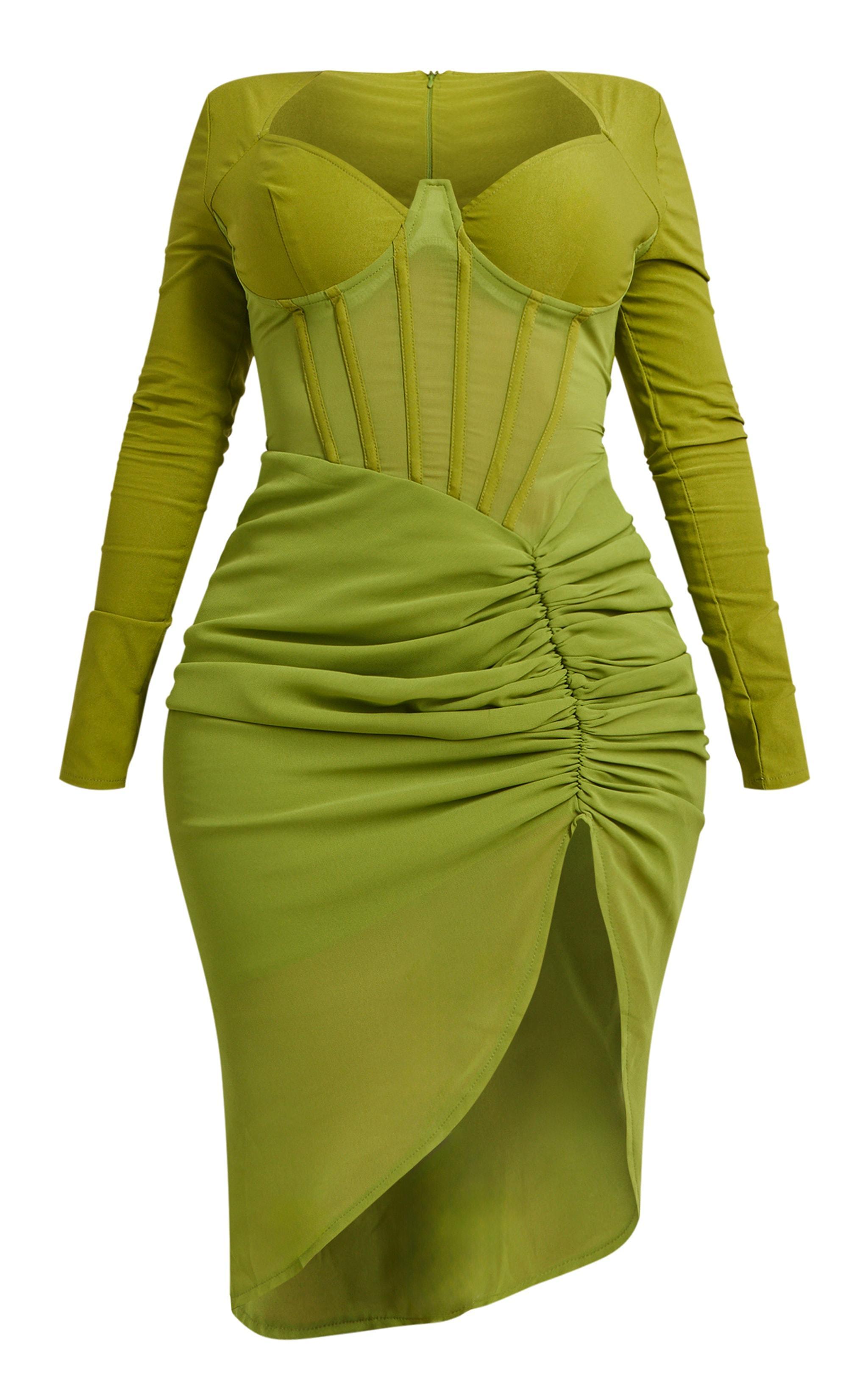 Shape Olive Corset Detail Long Sleeve Ruched Midi Dress Product Image