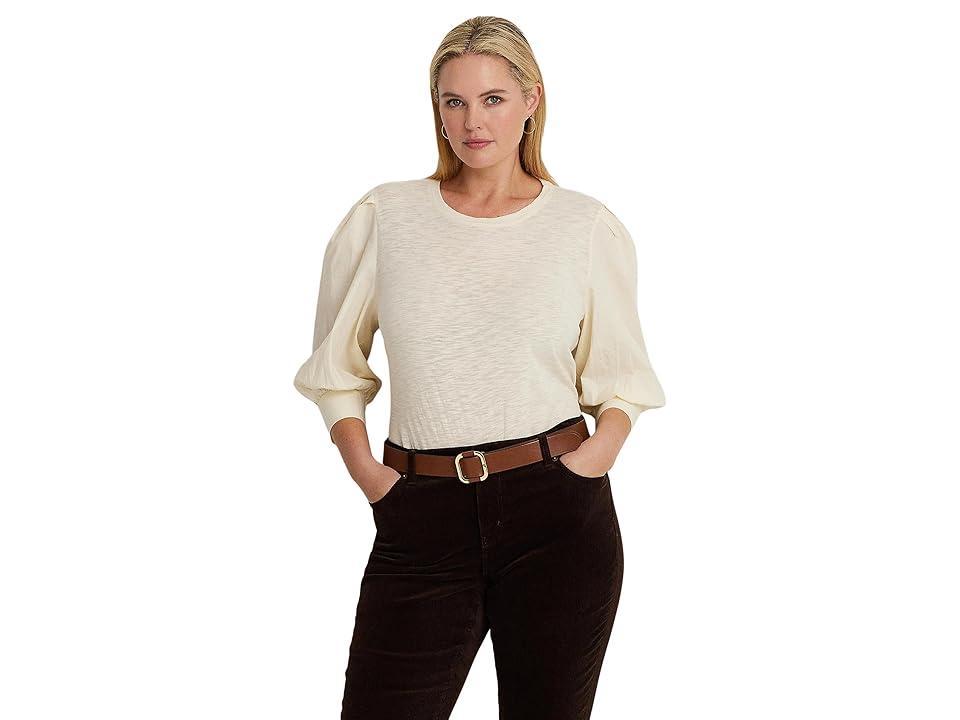 Lauren Ralph Lauren Plus-Size Jersey Poplin Puff-Sleeve Top (Mascarpone Cream) Women's Clothing Product Image