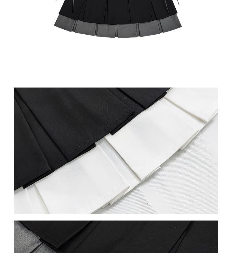 High Waist Two Tone Pleated Layered Lace-Up Mini A-Line Skirt Product Image