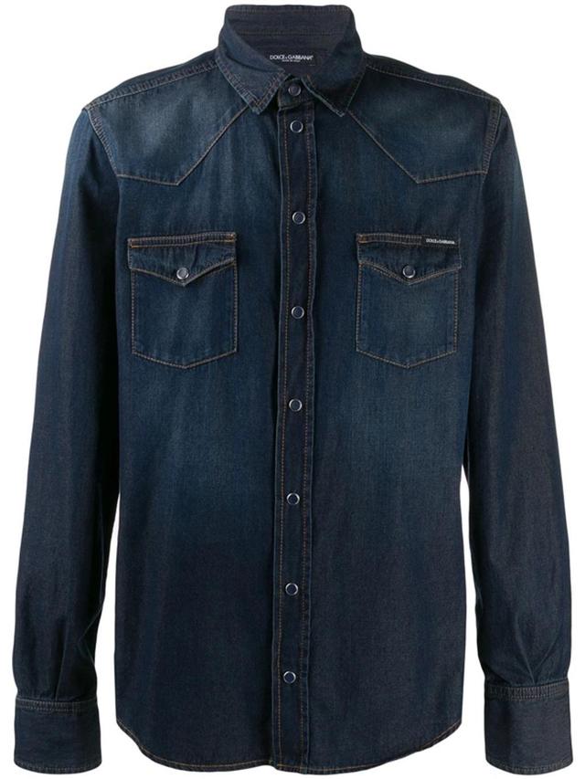 Logo Patch Buttoned Denim Shirt In Dark Blue Product Image