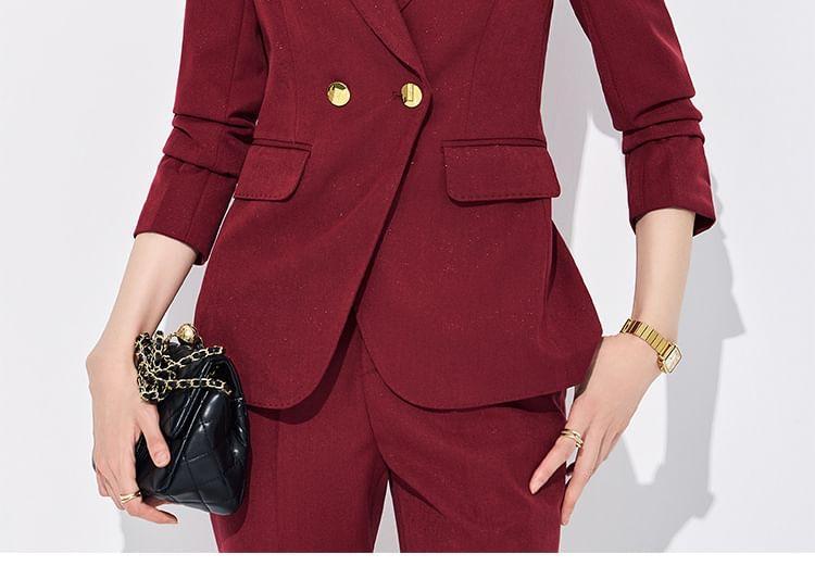 Lapel Collar Plain Double Breasted Blazer / Mid Rise Plain Dress Pants Product Image