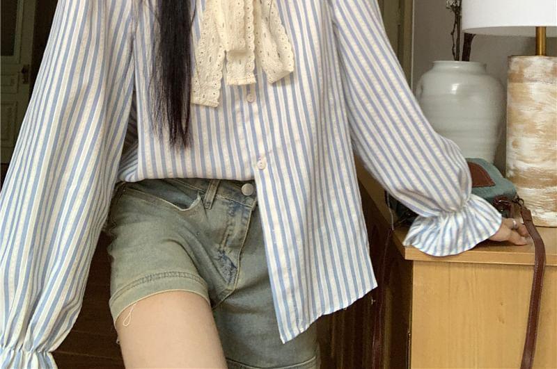 Long Sleeve Tie Neck Striped Panel Blouse Product Image