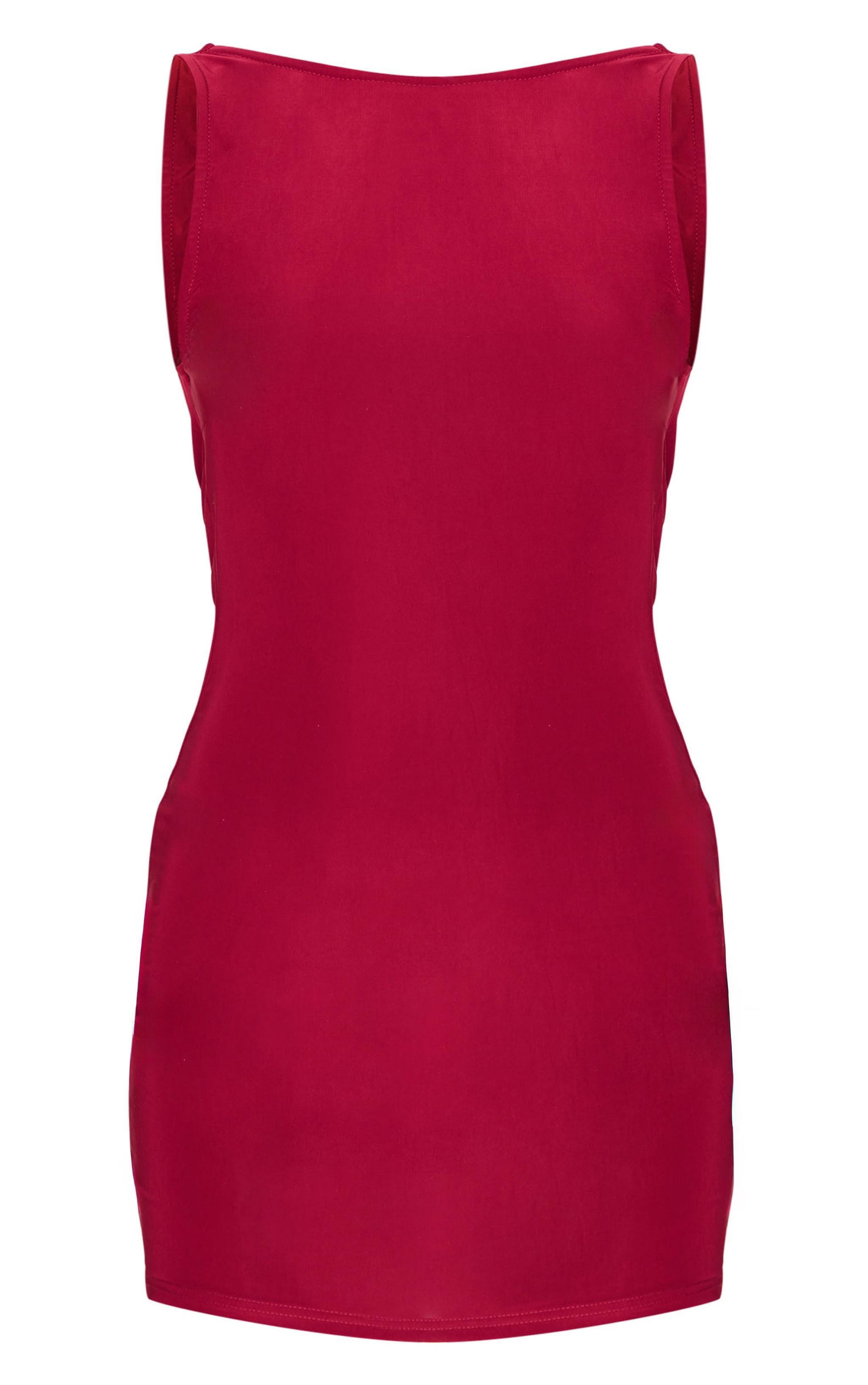 Burgundy Racer Neck Cowl Back Mini Dress Product Image