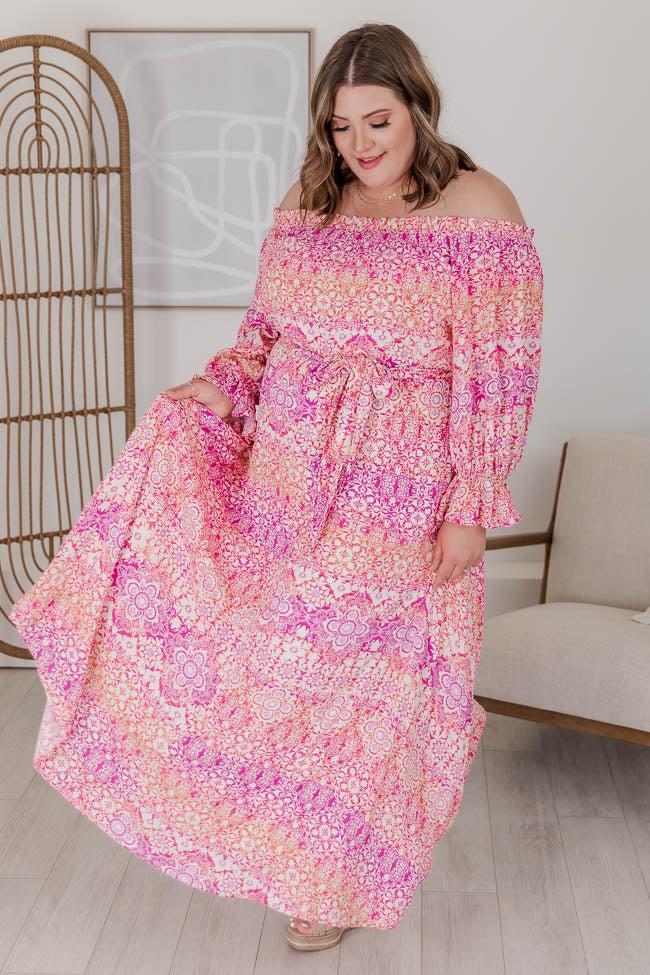 Dynamic Love Pink Printed Off The Shoulder Maxi Dress FINAL SALE Product Image