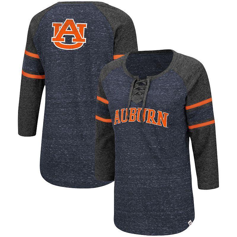 Womens Colosseum /Heathered Charcoal Auburn Tigers Scienta Pasadena Raglan 3/4 Sleeve Space Dye Lace-Up T-Shirt Blue Product Image