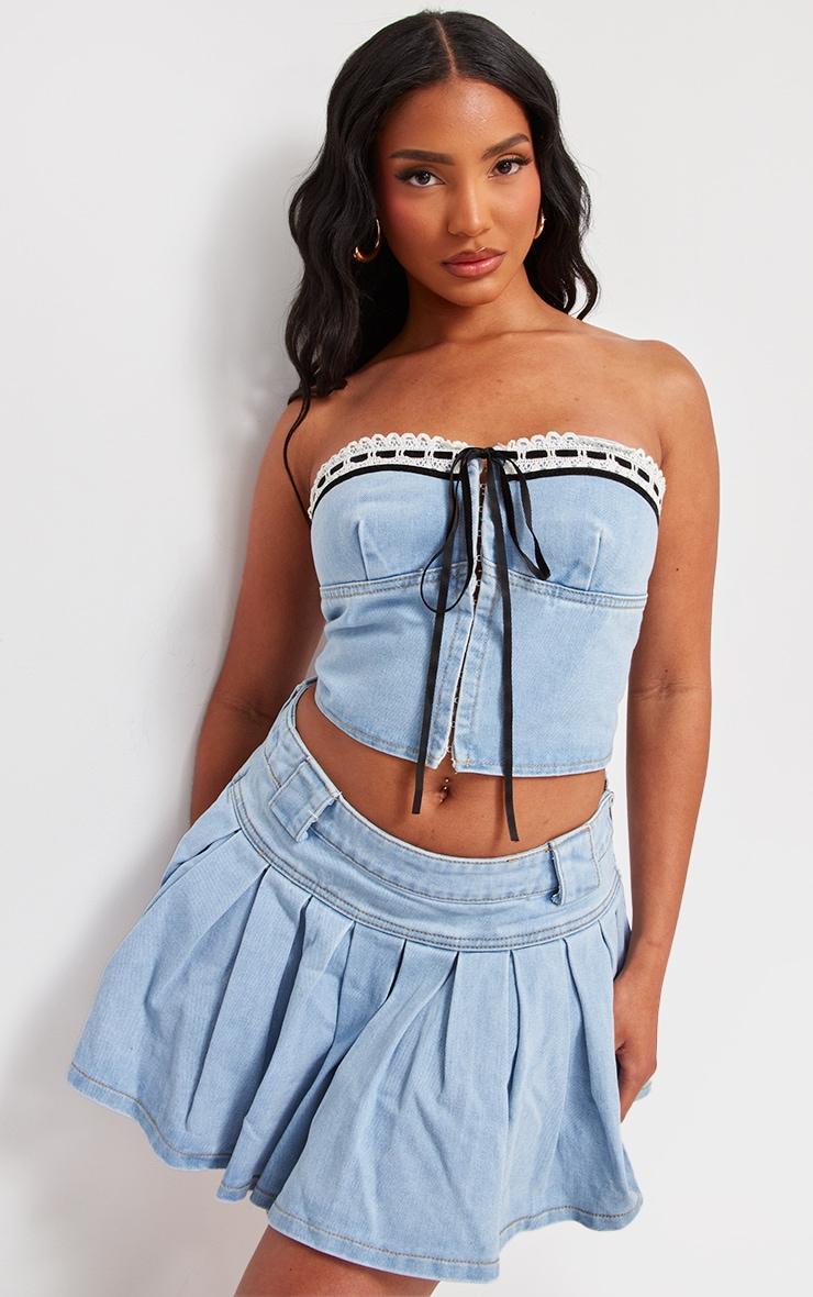 Light Blue Wash Lace Detail Denim Bandeau Crop Top Product Image