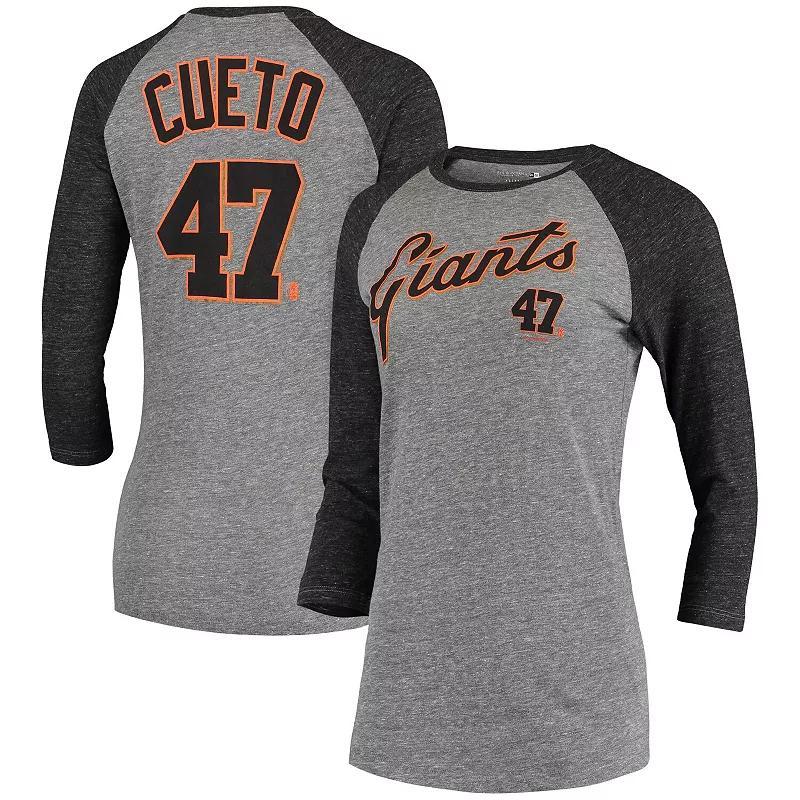 Womens 5th & Ocean by New Era Johnny Cueto Gray San Francisco Giants Script Name & Number Raglan Tri-Blend 3/4-Sleeve T-Shirt Product Image