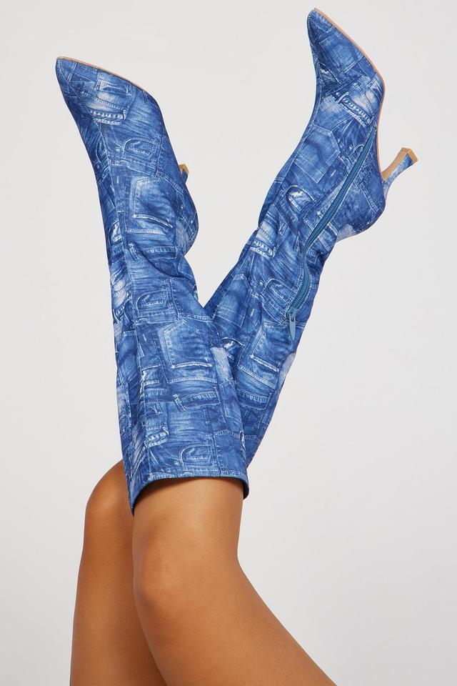 Just So You Know Knee High Heeled Boots - Denim Product Image