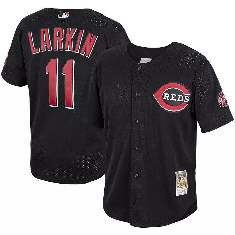 Mens Mitchell & Ness Barry Larkin Black Cincinnati Reds Cooperstown Collection Mesh Batting Practice Button-Up Jersey - Black Product Image