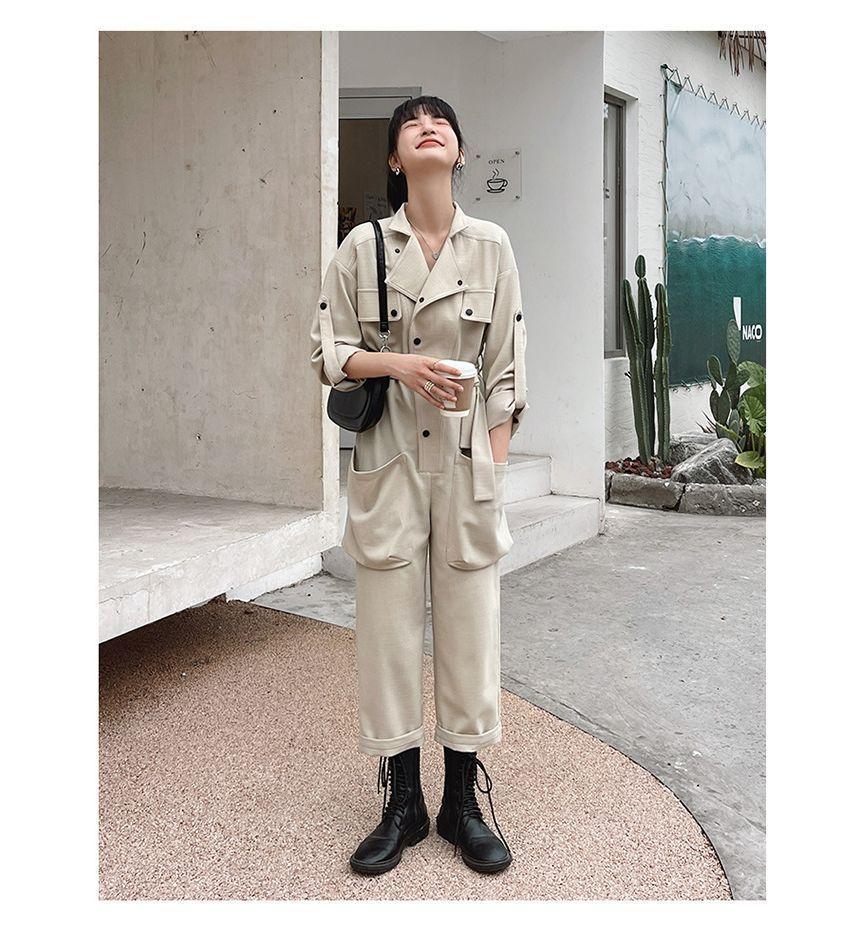 Long-Sleeve Collared Plain Button Jumpsuit Product Image