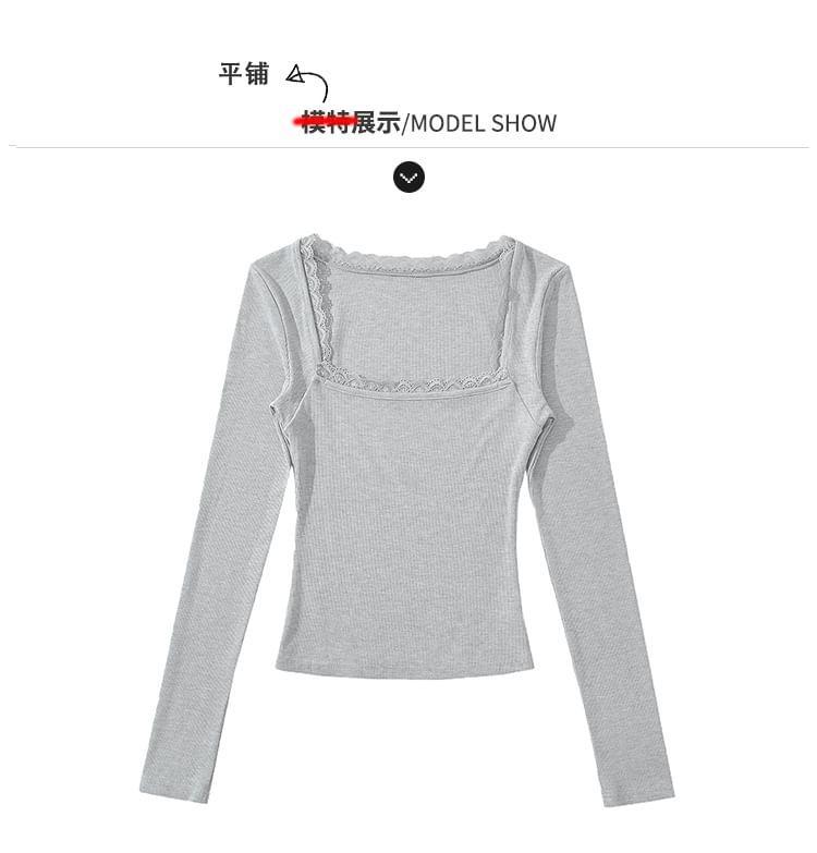 Lace-Trim Square-Neck Plain T-Shirt Product Image