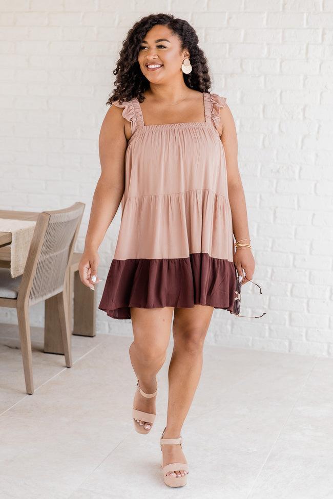 Breezy Walks Brown Colorblock Babydoll Mini Dress FINAL SALE Product Image