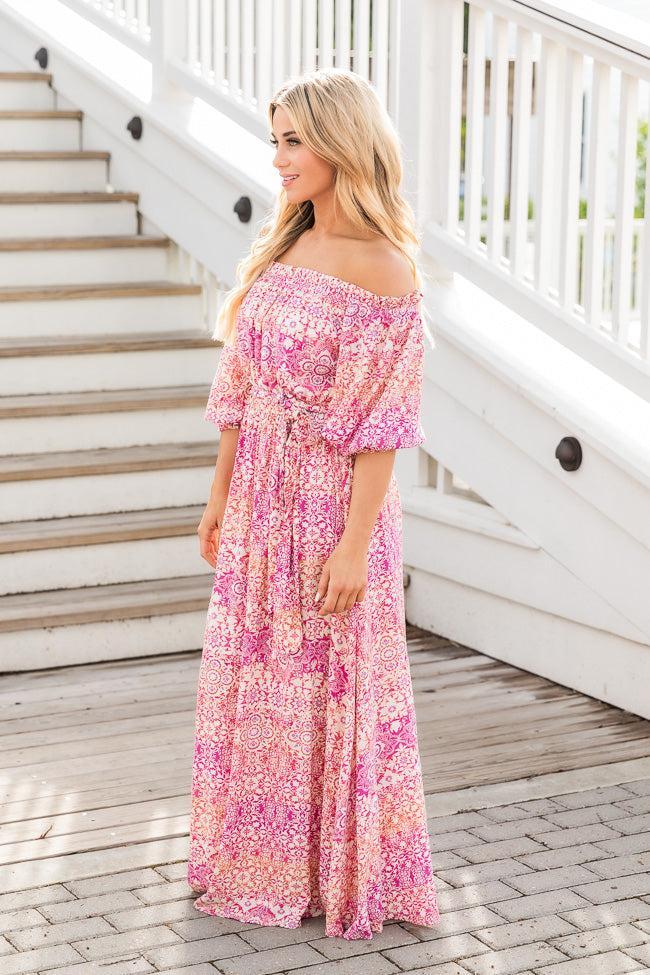 Dynamic Love Pink Printed Off The Shoulder Maxi Dress FINAL SALE Product Image