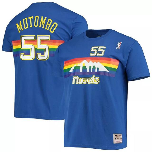 Mens Mitchell & Ness Dikembe Mutombo Royal Denver Nuggets Hardwood Classics Stitch Name & Number T-Shirt Product Image