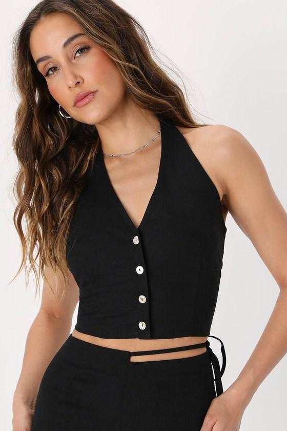 Exceptional Energy Black Linen Button-Up Halter Top Product Image