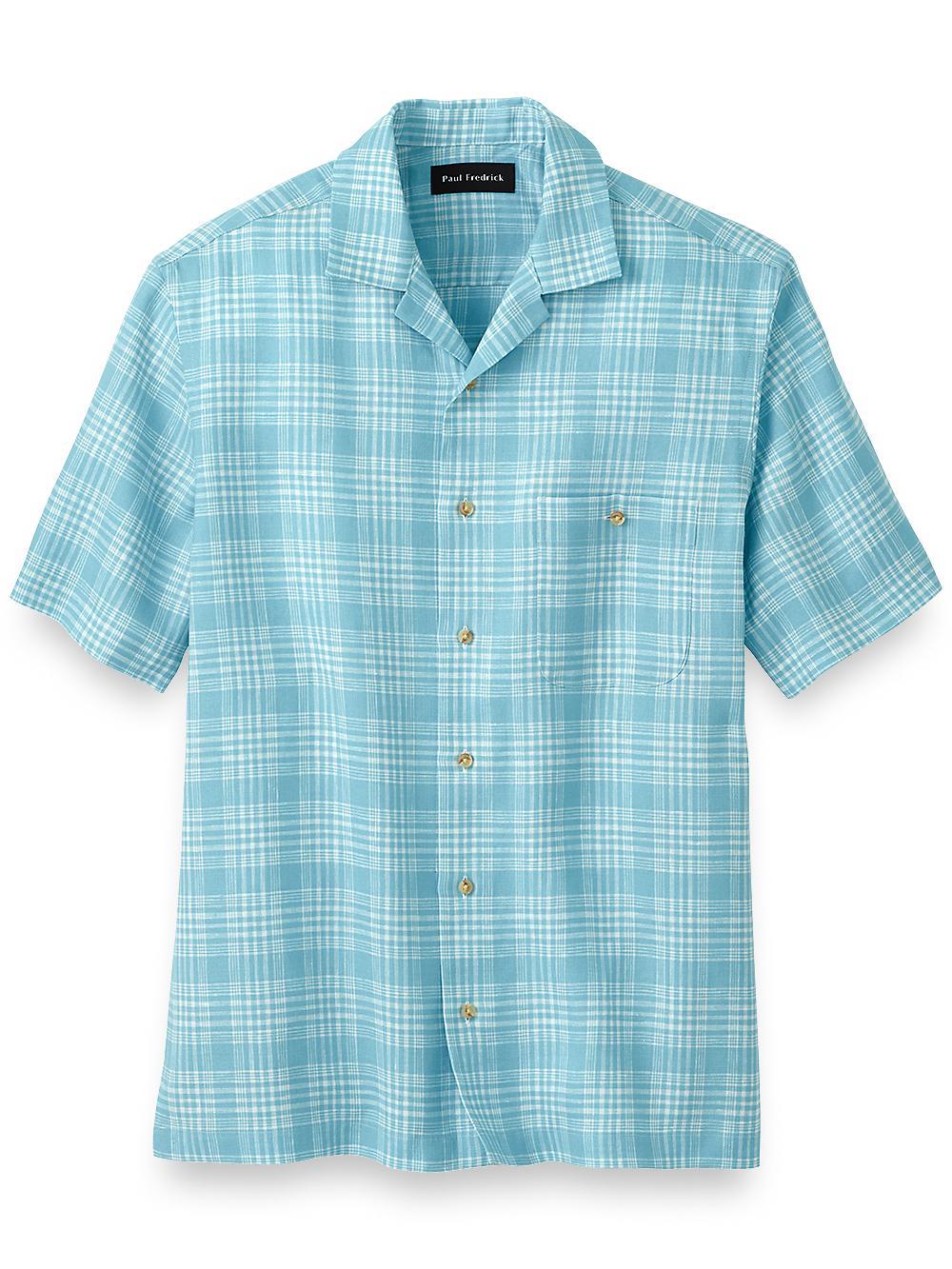 Linen Plaid Casual Shirt - Light Blue Product Image