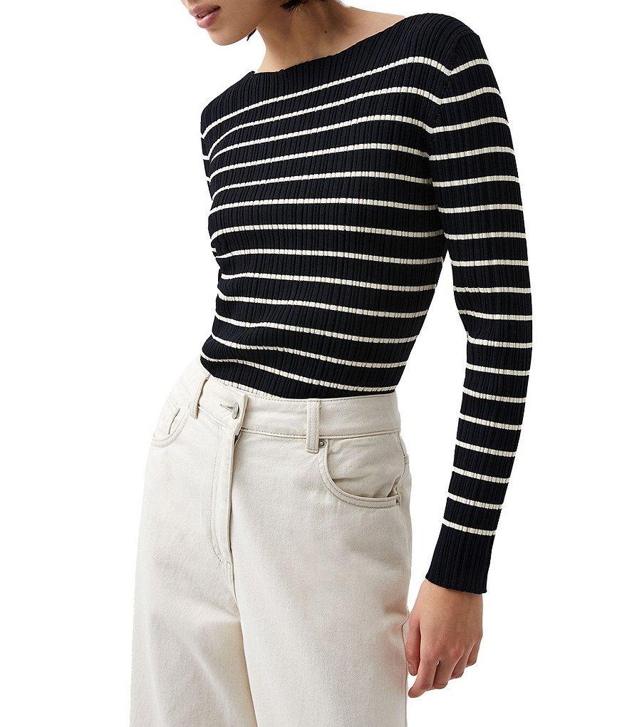 French Connection Crinkle Knit Stripe Boat Neck Long Sleeve Pullover Top Product Image