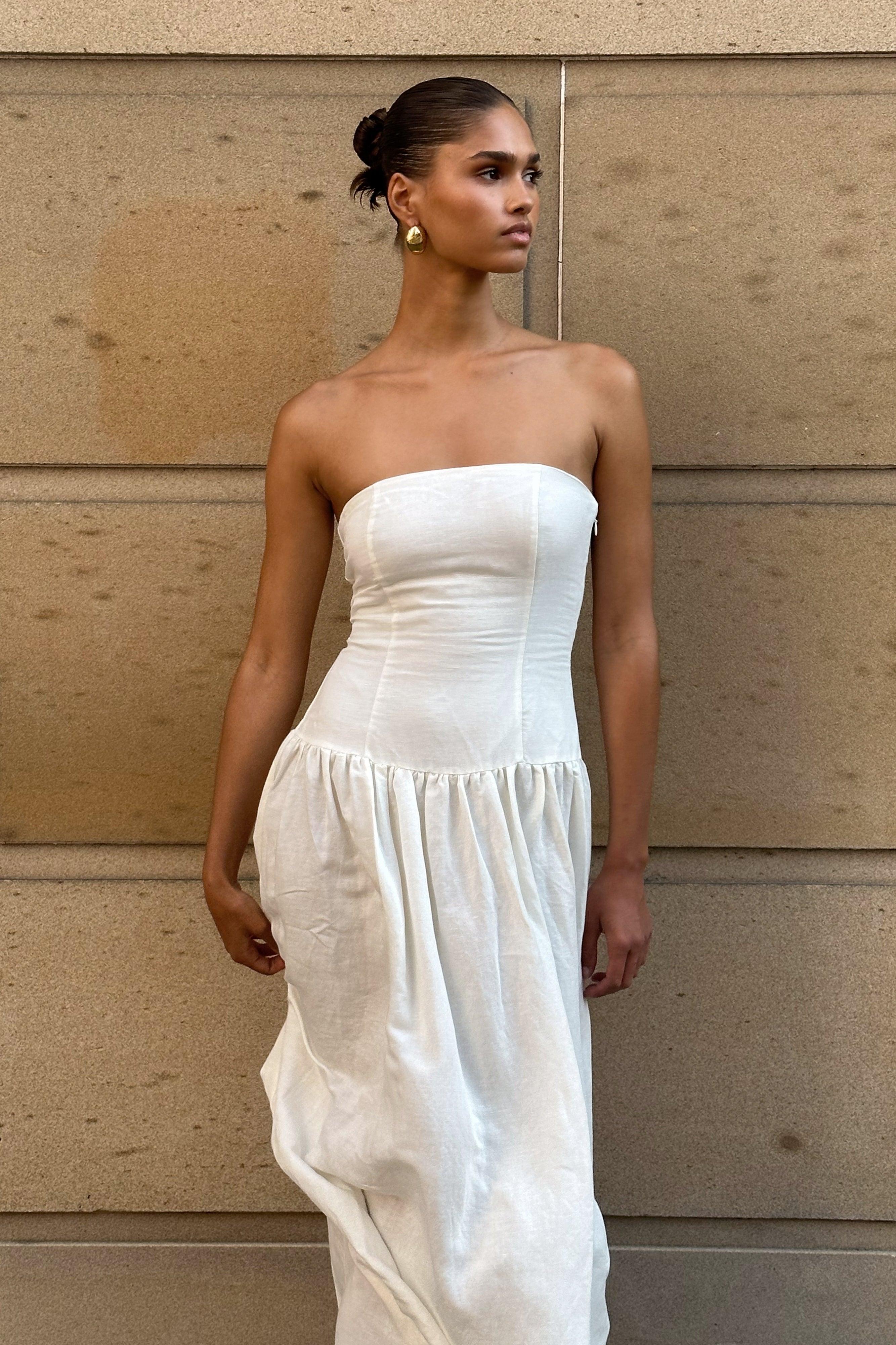 Audrina Strapless Linen Maxi Dress - White Product Image