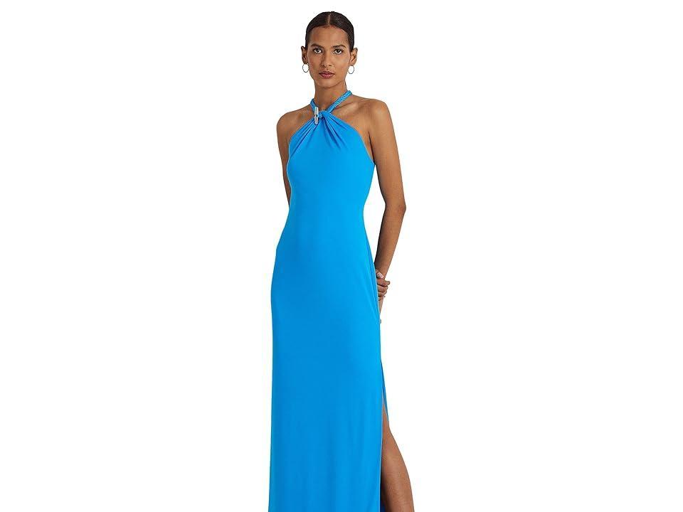 LAUREN Ralph Lauren Jersey Halter Gown (Blaze Ocean) Women's Dress Product Image