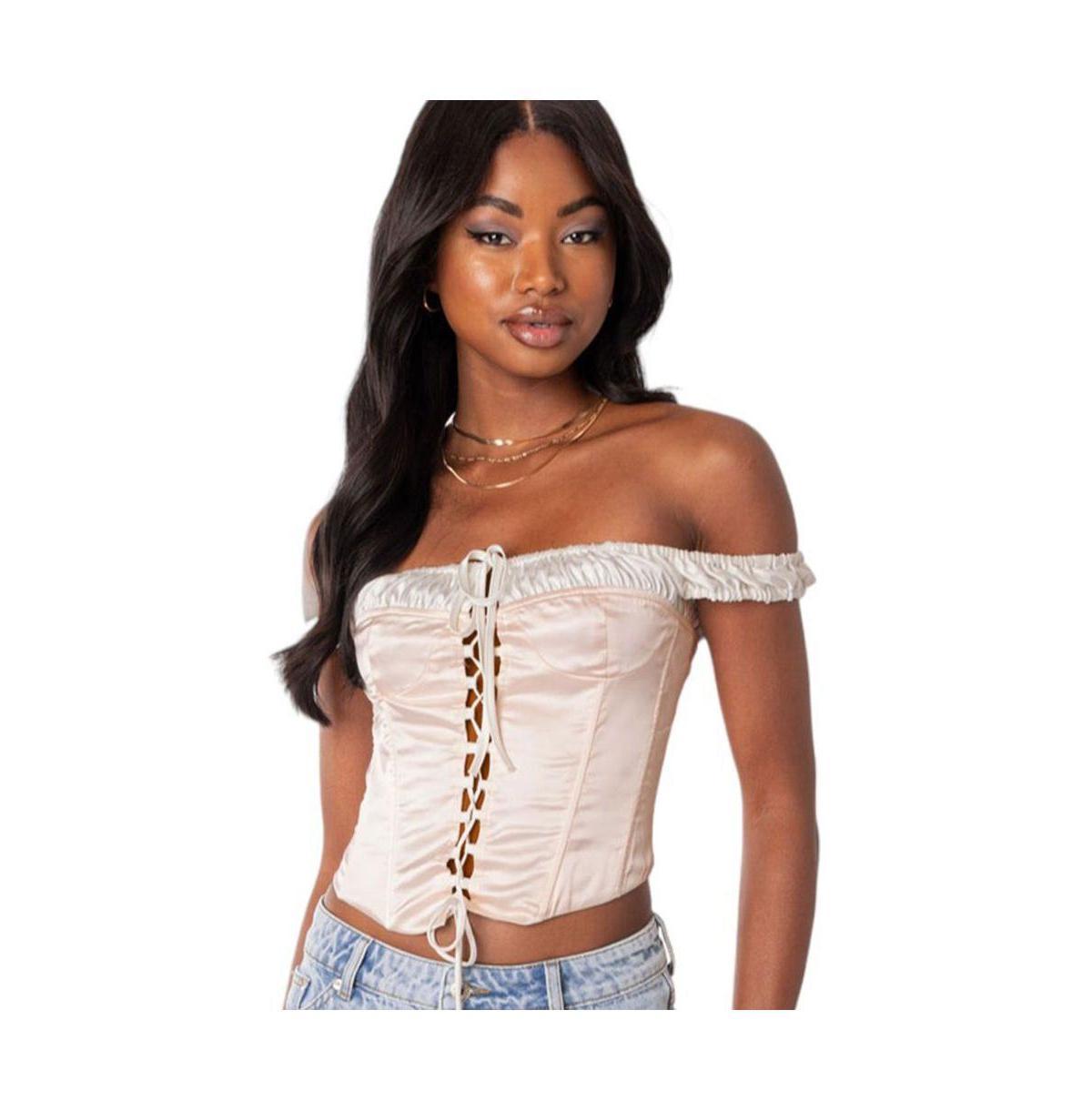 Womens Damsel off shoulder lace up satin corset top Product Image