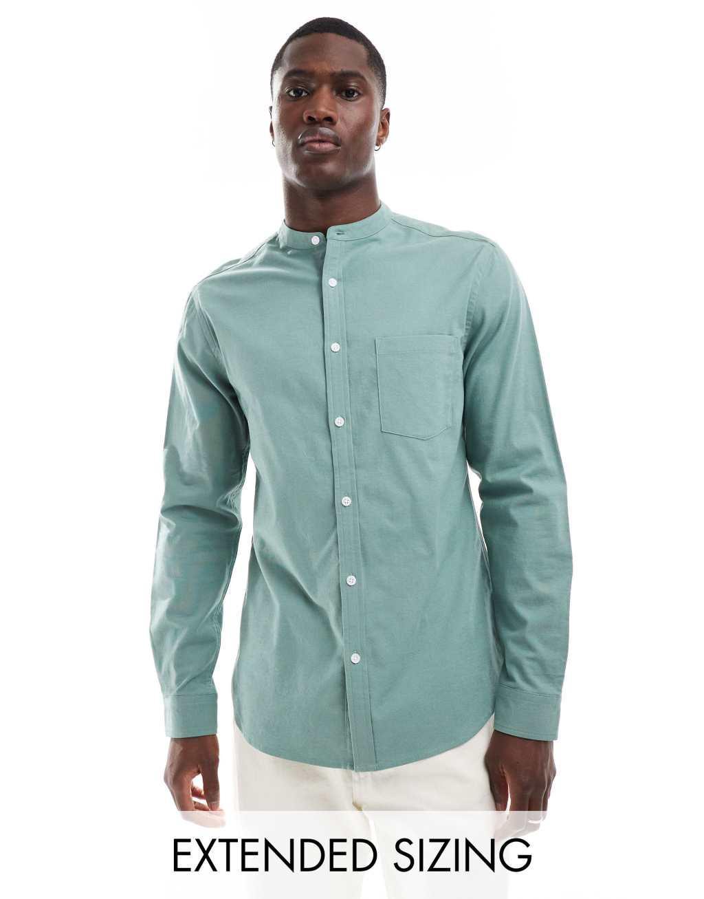 ASOS DESIGN slim oxford shirt with grandad collar in sage green Product Image