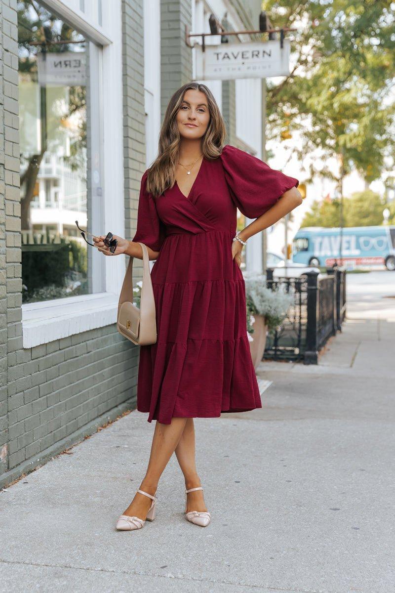 Wine Tiered Midi Wrap Dress Female Product Image