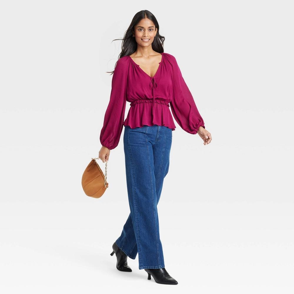 Women's Long Sleeve Tie-Front Peplum Blouse - Universal Thread™ Maroon M Product Image