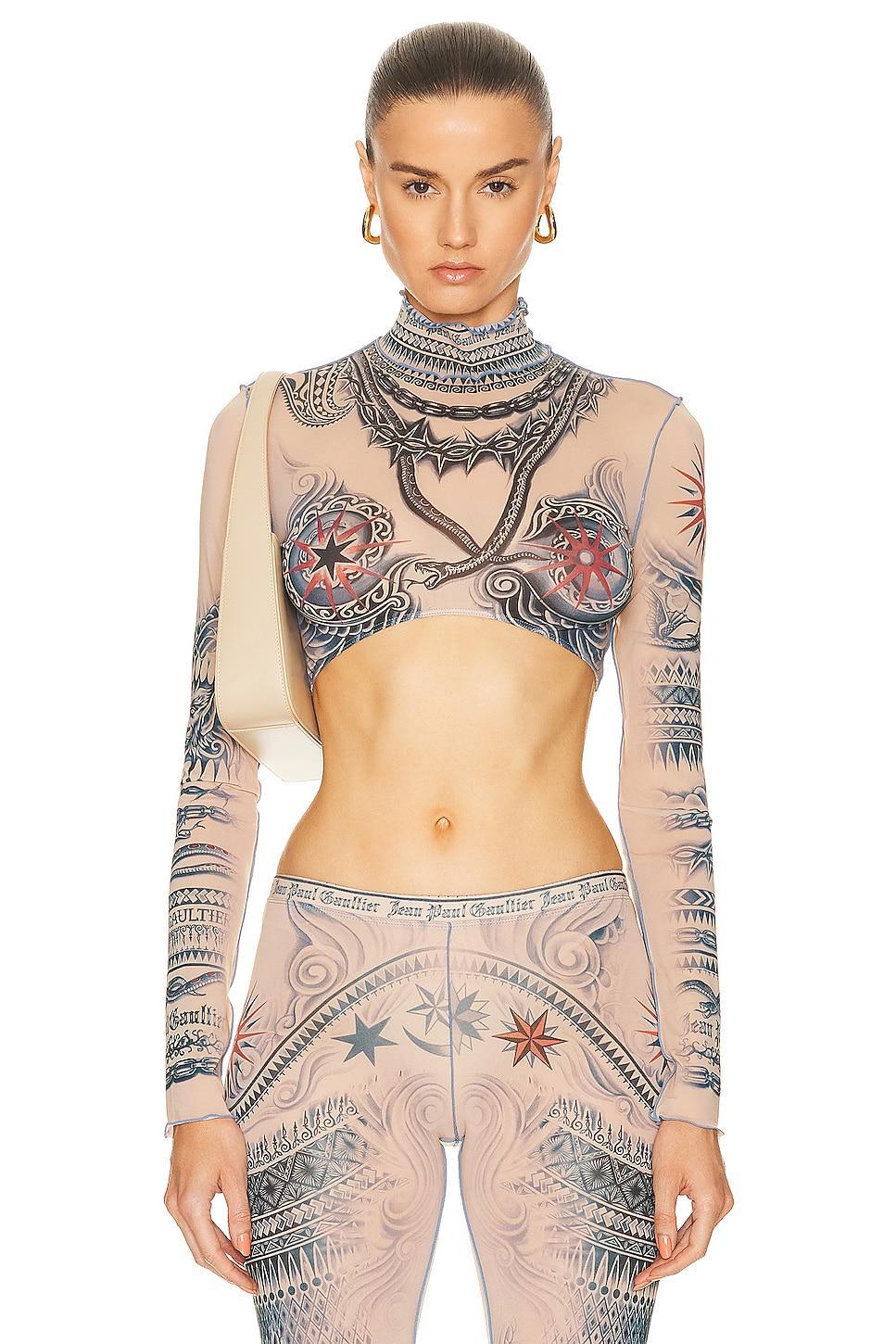 Jean Paul Gaultier Printed Soleil Long Sleeve High Neck Cropped Top in Nude Product Image