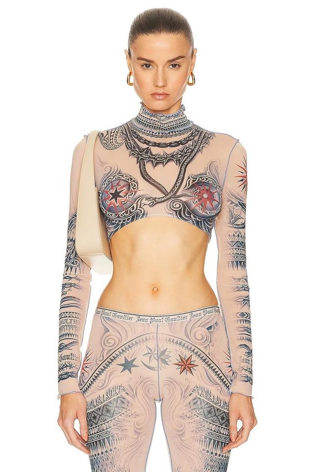 Jean Paul Gaultier Printed Soleil Long Sleeve High Neck Cropped Top in Nude Product Image