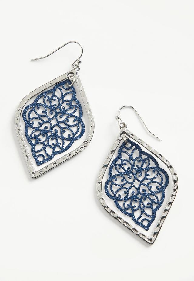 Silver And Navy Filigree Drop Earrings Product Image