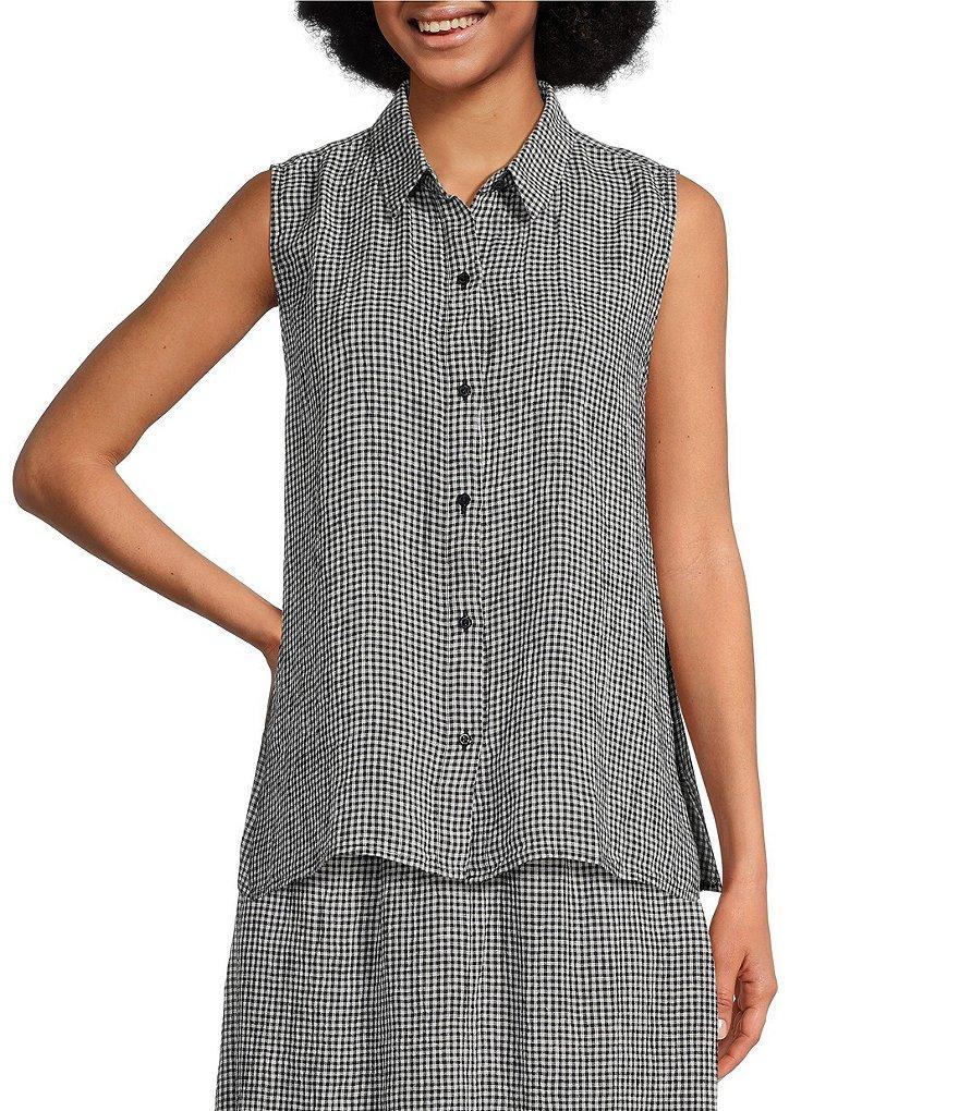 Eileen Fisher Puckered Organic Linen Point Collar Sleeveless Side Slit Button-Front Shirt product image