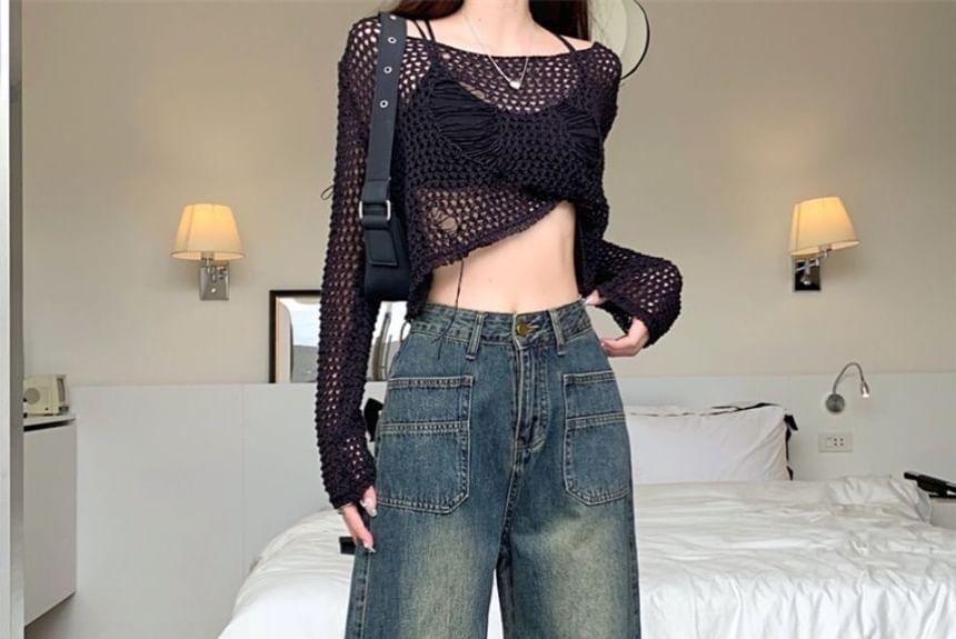 Mid Waist Washed Wide Leg Cargo Jeans Product Image