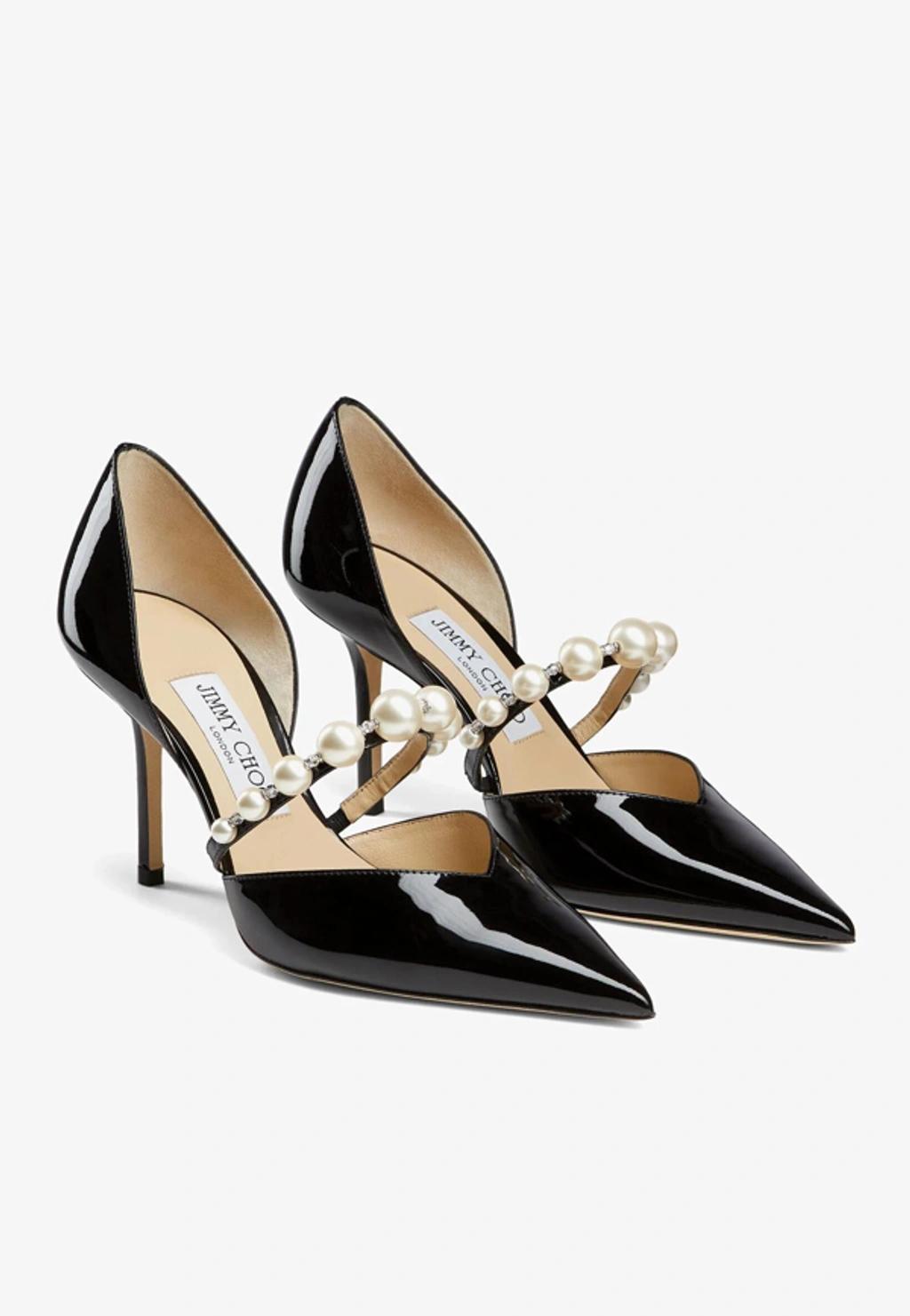 JIMMY CHOO Aurelie 85 Pearl-embellished Patent-leather Courts In Black Product Image