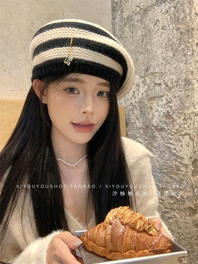 Striped Knit Beret Hat Product Image