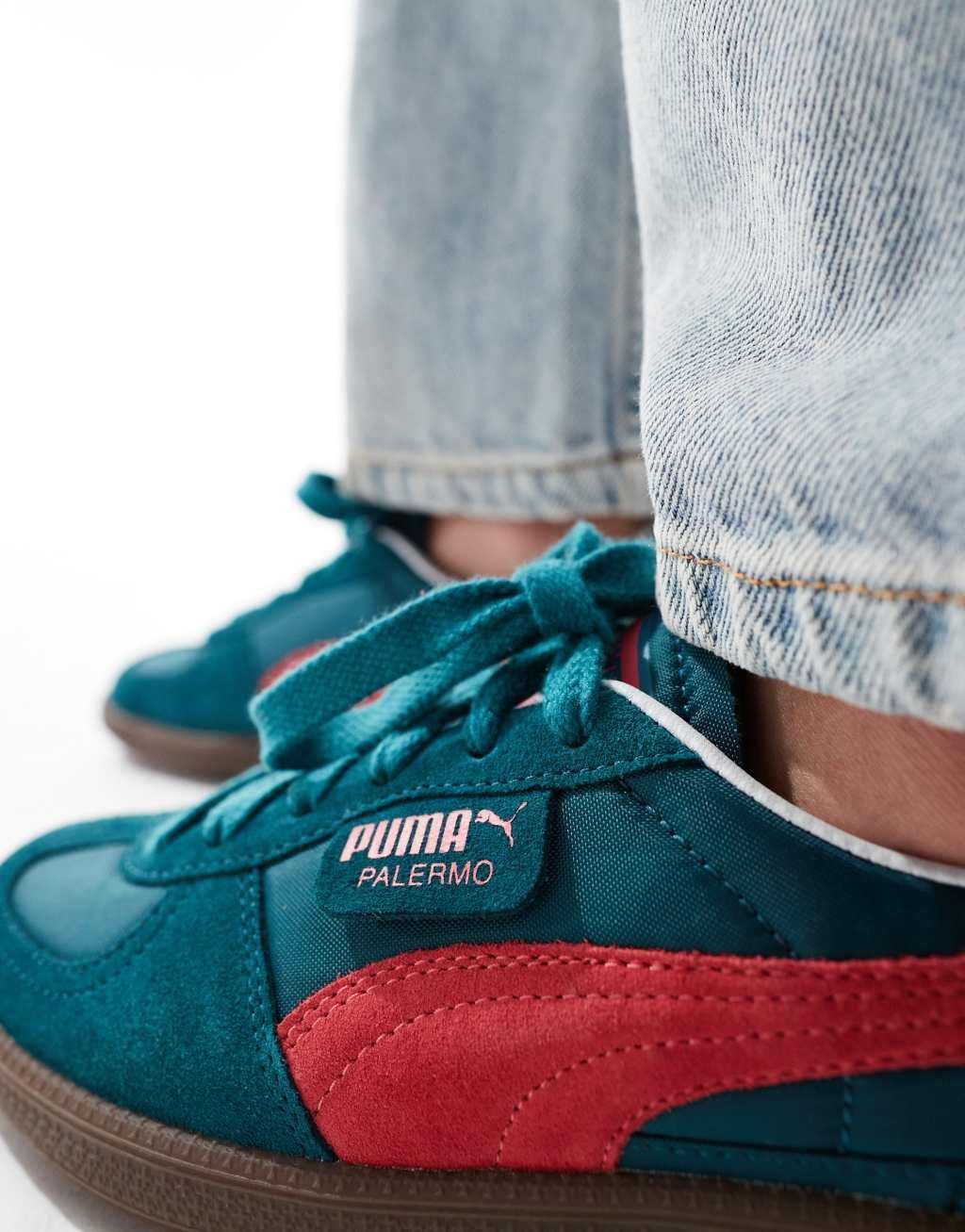 PUMA Palermo Play Paris sneakers with gum sole in green and pink Product Image