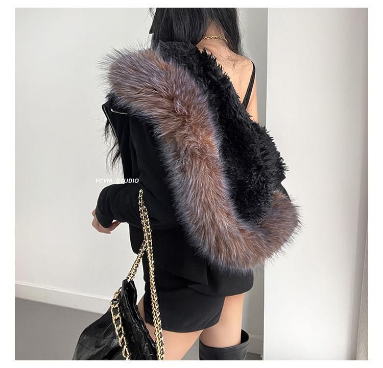 Asymmetrical Faux Fur-Collar Hooded Jacket Product Image