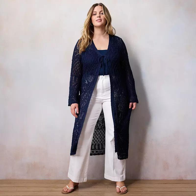 Plus Size LC Lauren Conrad Long Pointelle Duster Cardigan, Womens Product Image