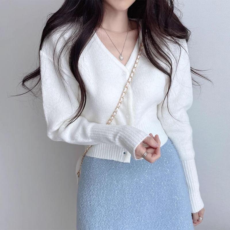 V-Neck Button-Up Plain Crop Cardigan Product Image