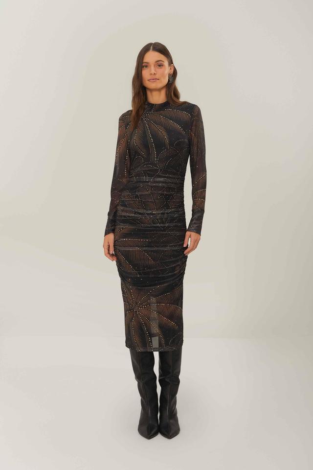 Black Golden Foliage Tulle Midi Dress Product Image