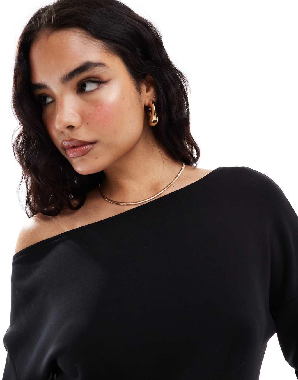 Stradivarius soft touch off shoulder sweatshirt in black Product Image