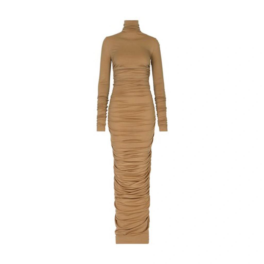 High-necked Jersey Wool Calf-length Dress In Beige Product Image