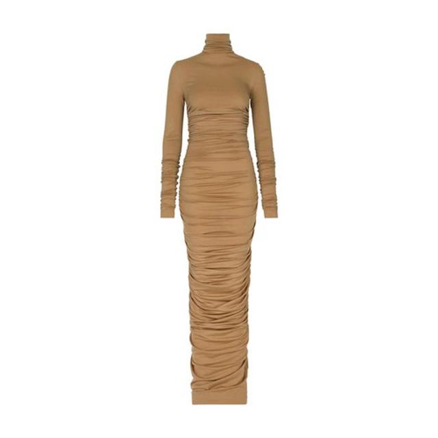 High-necked Jersey Wool Calf-length Dress In Beige Product Image