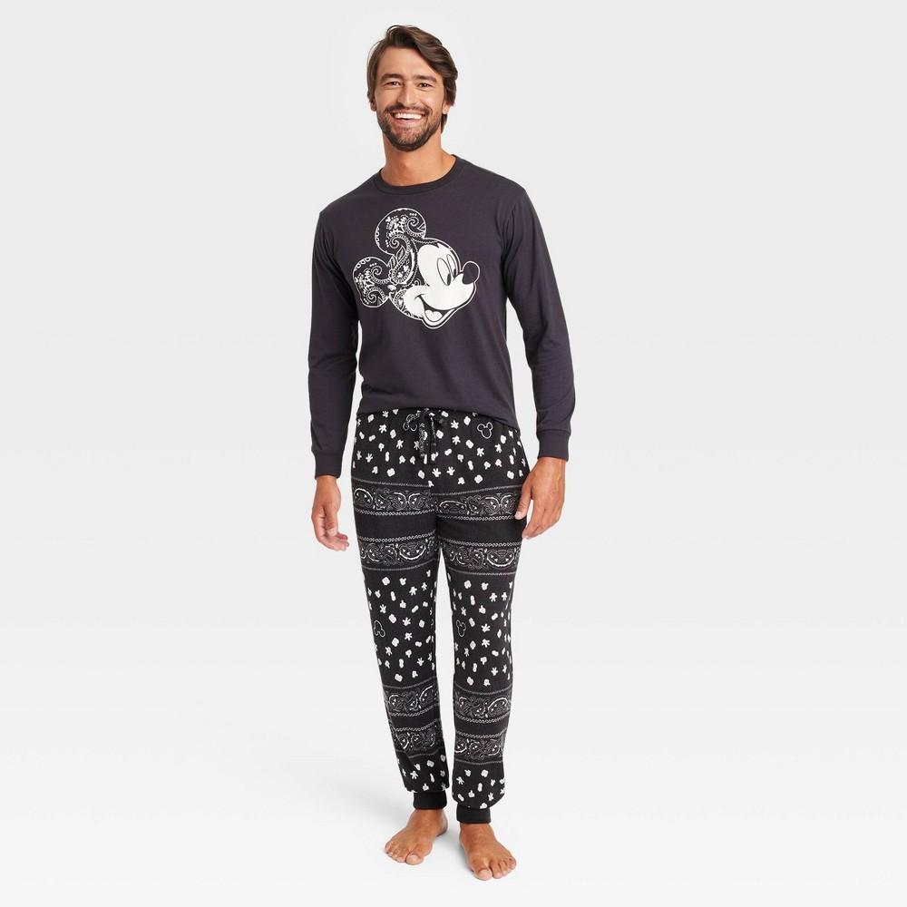 Mens Disney Mickey Bandana Print Long Sleeve Sweater Knit Pajama Set - Black S Product Image