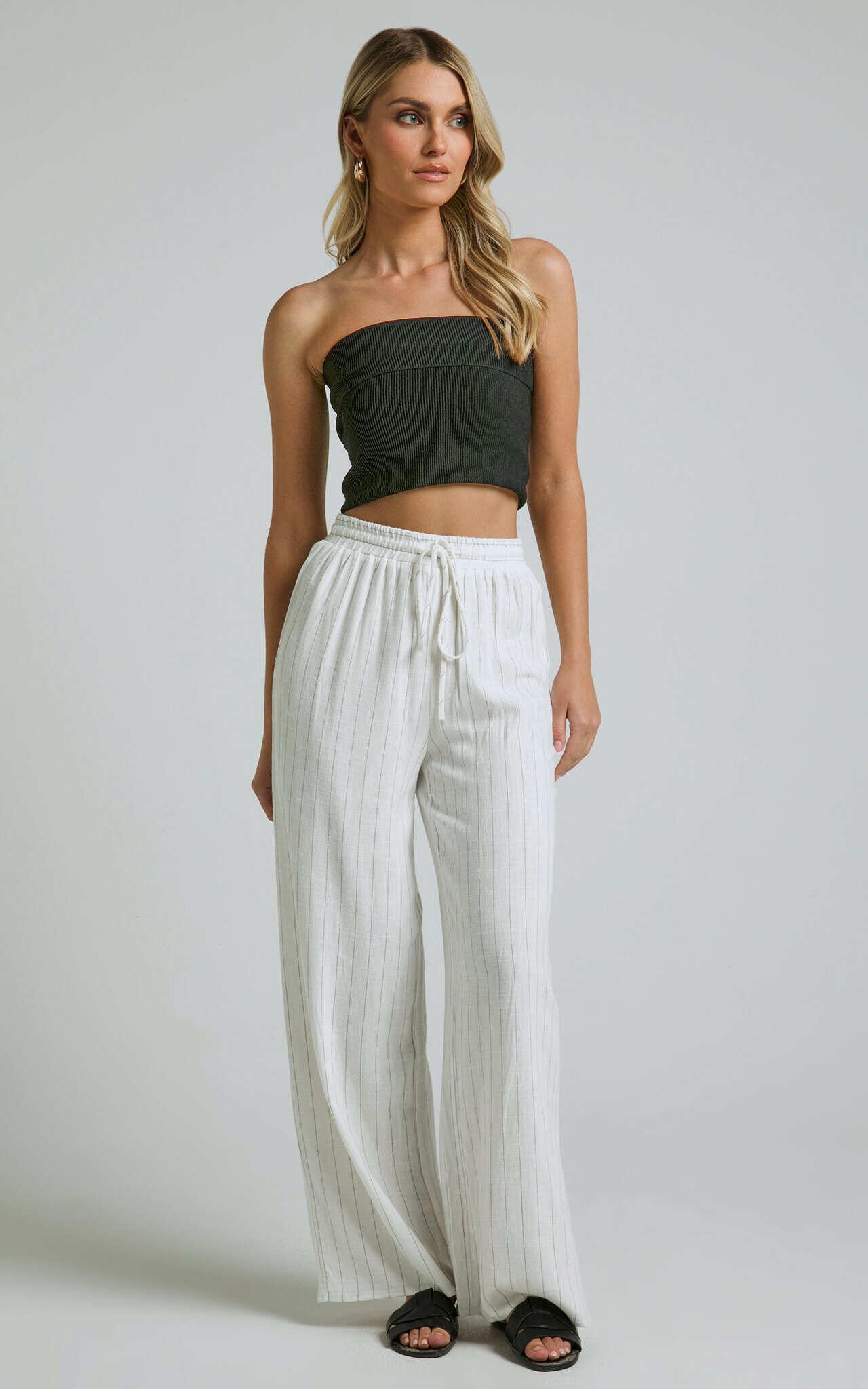 Barbra Pants - Pinstripe Linen Look High Waisted Relaxed Pants in White Stripe Product Image