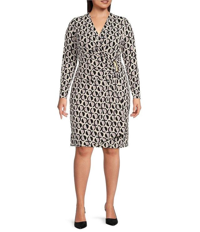 Calvin Klein Plus Size Geometric Print Long Sleeve Surplice V-Neck Faux Wrap Dress Product Image