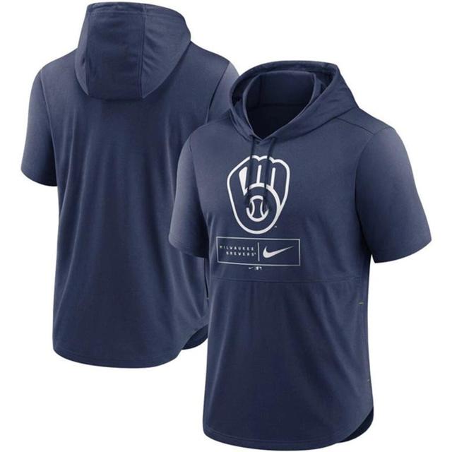 NIKE Navy Milwaukee Brewers Logo Lockup Performance Short-sleeved Pullover Hoodie Product Image