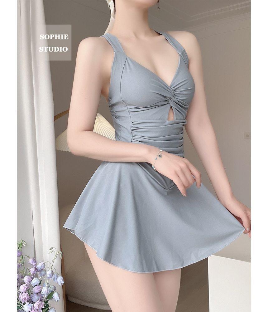 Sleeveless Cut Out Plain Swim Dress Product Image